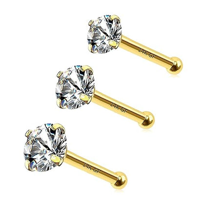3 Pcs 14K Gold Filled Nose Studs 20G Stainless Steel Stud Nose Ring 2mm/2.5mm/3mm Round CZ L Bend Nose Stud Hypoallergenic Nose Piercing - color: gold I