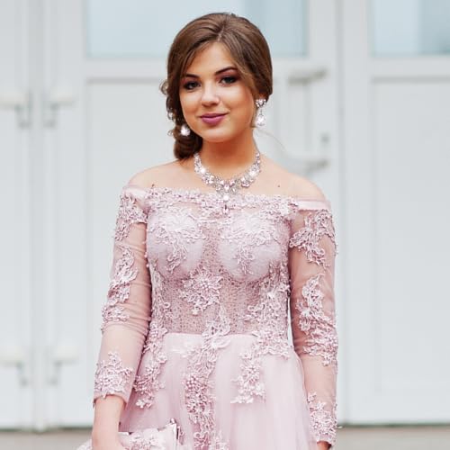 Hicarer Bridal Teardrop Cluster Crystal Jewelry Set for Women Necklace Earrings Wedding - color: Pink