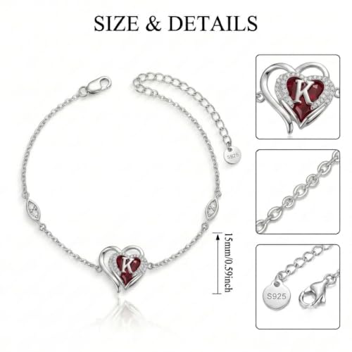 Initial Bracelet for Women 925 Sterling Silver Heart Angel Wings Initial Bracelet Anniversary Birthday Mothers Day Jewelry for Mom Her Wife - color: K