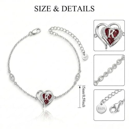 Initial Bracelet for Women 925 Sterling Silver Heart Angel Wings Initial Bracelet Anniversary Birthday Mothers Day Jewelry for Mom Her Wife - color: K