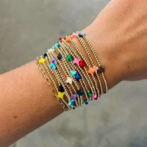 Colorful Stackable Rice Small Mini Seed Beaded Bracelets Set For Women, Handmade Dainty Boho Gold Glass Stretch Accessories Jewelry,Summer Beach Party Daily Friendship Gift - color: 11Pcs Cross