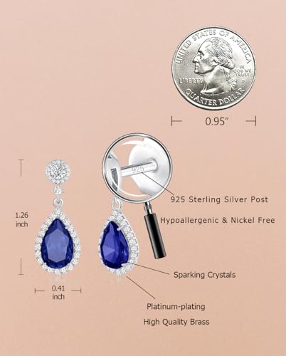 Silver Diamond Dangle Earrings for Women Rhinestone Teardrop Crystal Cubic Zirconia Drop Dangling Wedding Costume Jewelry - color: 09.September-White Gold Plated | Sapphire