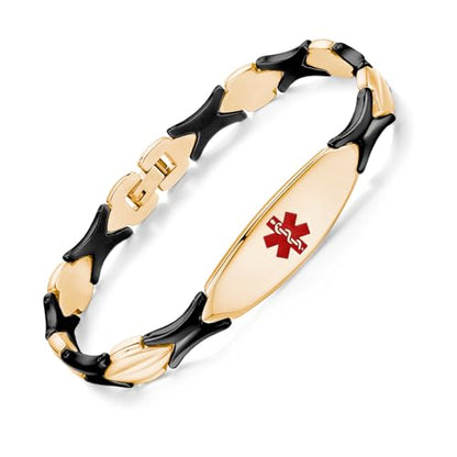 LinnaLove Fashion Shiny medical alert bracelet with Free Engraving Stainless steel Medical id bracelet for Women - color: GOLD-BLACK