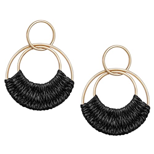 Raffia Hoop Earrings for Women Fun Boho Summer Beach Earrings Lightweight Handmade Straw Wicker Rattan Dangle Earrings Statement Geometric Round Drop Earrings - color: Black - Round