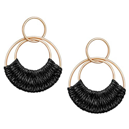 Raffia Hoop Earrings for Women Fun Boho Summer Beach Earrings Lightweight Handmade Straw Wicker Rattan Dangle Earrings Statement Geometric Round Drop Earrings - color: Black - Round