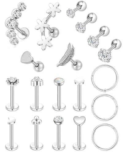 Tornito 9-30Pcs Cartilage CZ Stud Earrings Conch Forward Helix Tragus Daith Piercing Lip Rings Snake Heart Butterfly Jewelry for Women Men 16G Silver Gold Tone - color: C1:19PCS, Silver Tone