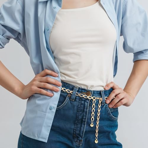 Metal Waist Chain Belt for Women, Dainty Body Link Jewelry, Adjustable Loin Chain Link Body Waist Long Hollow Belt for Jean Pants Dress (Gold)