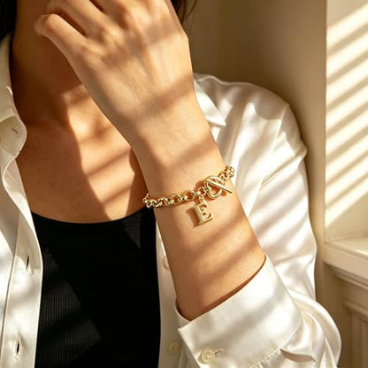 14K Gold Plated Stainless Steel A-Z Alphabet Letter Heart Bracelet | Non-Tarnish Dainty Charm with a Romantic Toggle Clasp Daily Fashion Jewelry, 7-inch Rolo Chain, Personalized Gift for Her - color: E