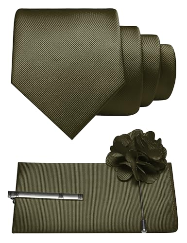 JEMYGINS Formal Necktie Solid Color Tie and Pocket Square with Tie Clip Lapel Pin Sets for Men 4PCS - color: Olive Green