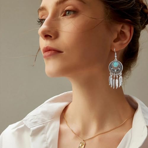Blue Turquoise Dream Catcher Feather Earrings for Women Vintage Bohemian Western Jewelry - style: Silver Turquoise