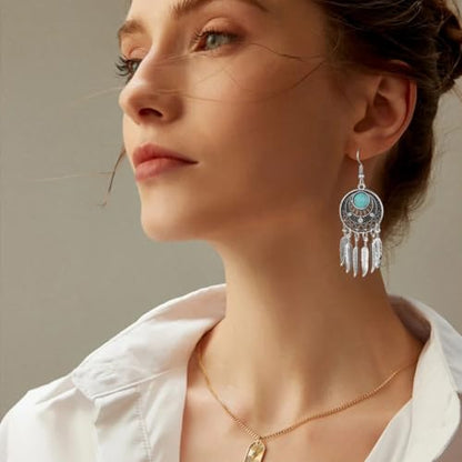 Blue Turquoise Dream Catcher Feather Earrings for Women Vintage Bohemian Western Jewelry - style: Silver Turquoise