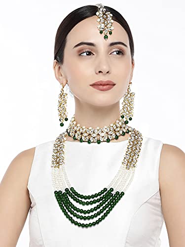 Aheli Wedding Party Wear Bridal Jewellery Choker Long Pearl Necklace Earrings Maang Tikka Indian Traditional Set Gift for Women - color: Green-1