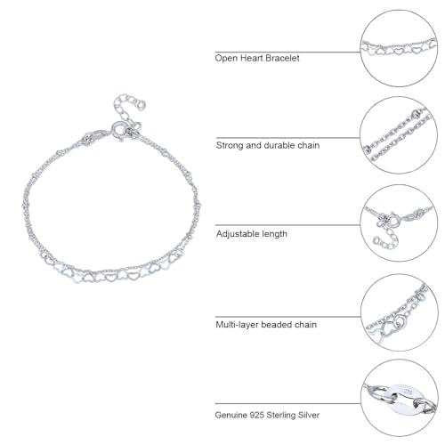 Vanbelle Genuine Sterling Silver Jewelry - Rhodium Plated with 925 Stamp - Interlinked Hearts Charm Bracelet - Handcrafted with Multi Chain for Women - 6.5" long + 1" extender