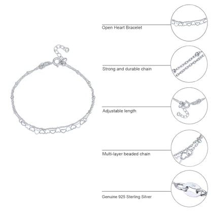 Vanbelle Genuine Sterling Silver Jewelry - Rhodium Plated with 925 Stamp - Interlinked Hearts Charm Bracelet - Handcrafted with Multi Chain for Women - 6.5" long + 1" extender
