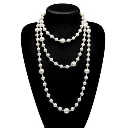 Long Pearl Necklaces for Women Cream White Faux Pearl Strand Layered Necklace Costume Jewelry - color: Pearls&Seed Beads