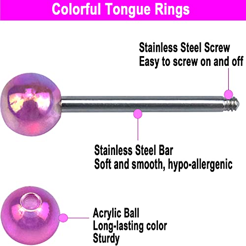 12/16/24Pcs Tongue Rings for Women Candy Color Ball Tongue Nipple Piercing 14G Surgical Steel Barbell Tongue Retainer Body Jewelry Bar Length 16mm - style: Style2-24Pack
