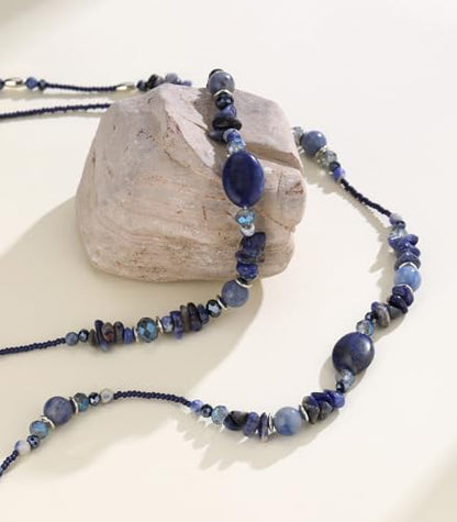 Noessla Boho Long Beaded Necklaces for Women Double Layer Chunky Irregular Stone Beads Strand Statement Jewelry Mothers Day Gifts - color: Navy Blue