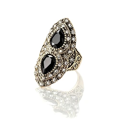 Vintage Two Stone Crystal Ring, Antique Gold Plated, Teardrop Gem Statement Ring, Bohemian Turkish Style Jewelry for Women - color: Ring_D black