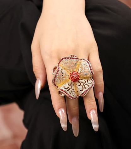 Elegant Big Crystal Flower Ring for Women Gold Rhinestone Floral Rings Open Finger Adjustable Crystal Flower Statement Ring Jewelry for Bridal Wedding - color: Flower 1 - red