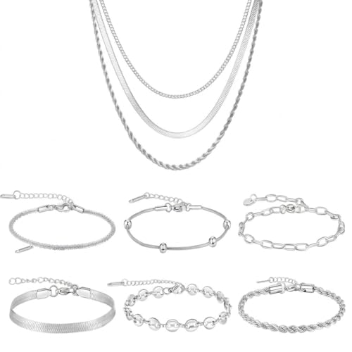 18K Gold Plated Necklace Bracelet Set Womens Stackable Adjustable Stainless Steel Minimalist Modern Everyday Jewelry Gift Gold and Silver - style: 9 Pcs Silver Jewelry Set