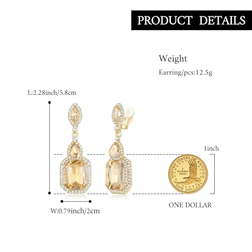 Women's Wedding Bridal Crystal Emerald Cut Infinity Figure 8 Chandelier Clip-On Dangle Earrings - color: Yellow Gold-Tone