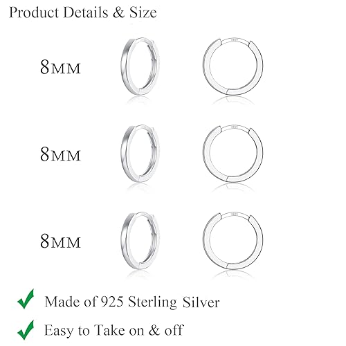 3 Pairs 925 Sterling Silver Small Huggie Hoop Earrings for Women Men | 14K White Gold Plated, Hypoallergenic, Small Silver Hoops - color: H-Silver 3Pairs 8mm