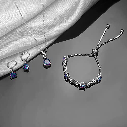 VOLUKA Created Opal/Amethyst/Mystic Topaz Pendant Necklace for Women,18K White/Rose Gold Plated Chain Wedding Engagement Jewelry Gift - color: I-Necklace/bracelet/earrings set