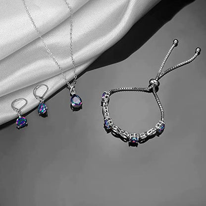 VOLUKA Created Opal/Amethyst/Mystic Topaz Pendant Necklace for Women,18K White/Rose Gold Plated Chain Wedding Engagement Jewelry Gift - color: I-Necklace/bracelet/earrings set
