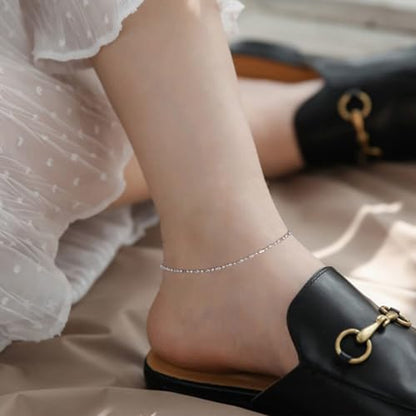 ChicSilver 925 Sterling Silver Ankle Bracelet for Women, Simple Cuban Link/Figaro/Twist Rope Chain Anklets for Beach Party(with Gift Box) - style: 12: Oval and Round Bead