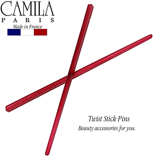Camila Paris CP3178 French Twist Stick Hair Pin, Set of 2 Red, Girls Chopsticks Hair Pins for Girls Spiral Updo Chignon Bun Holder, Styling Hair Accessories for Women, Made in France - color: Red