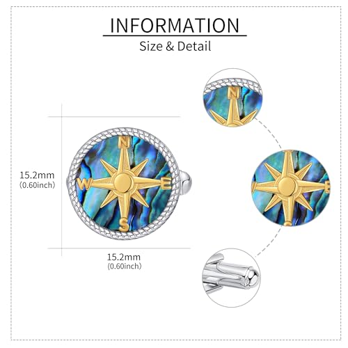 Cufflinks for Men Sterling Silver Abalone Shell Tuxedo Shirt Cuff Links Jewelry for Men Father Business Groomsmen - style: compass