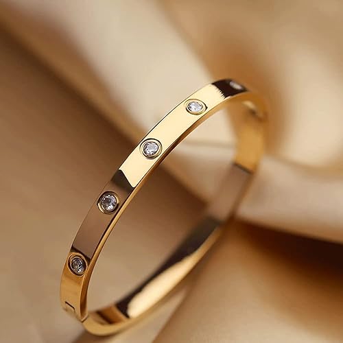 VQYSKO Love Friendship Bracelet Bangle Gold Rose Gold Silver with Cubic Zirconia Stones Stainless Steel Hinged Jewelry with Crystal Oval Bracelet Birthday Present for Her Women Teen Girls - style: Yellow Gold