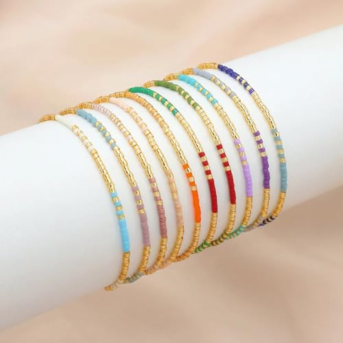 Gold Seed Beaded Stack Bracelets for Women,Handmade Stackable Stretch Colorful Ball Fall Jewelry Friendship Accessories Gift - color: 5pcs