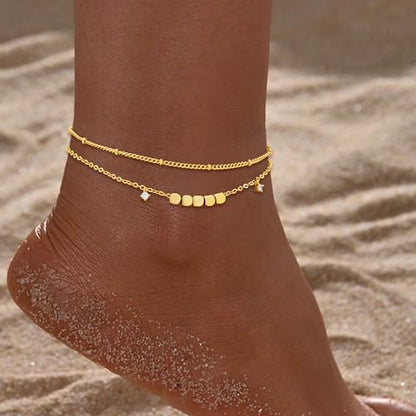Gold/Sterling Silver Anklet Bracelets for Women Waterproof, Non Tarnish 925 Sterling Sliver Plated Heart Evileye Butterfly Charm, Dainty Summer Beach Anklets for Women, Beach Vacation Bikini Outfits for Her Mom - style: Beaded-Gold