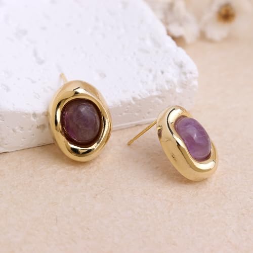 Jean Beau Chunky Gold Stone Stud Earrings for Women, Trendy Natural Gemstone Hypoallergenic Earing Valentine Jewelry Gift - color: Amethyst Purple