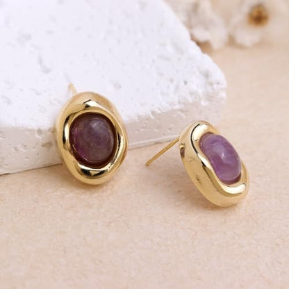 Jean Beau Chunky Gold Stone Stud Earrings for Women, Trendy Natural Gemstone Hypoallergenic Earing Valentine Jewelry Gift - color: Amethyst Purple
