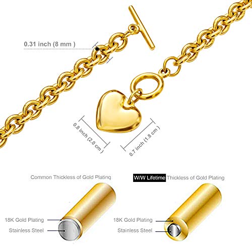 Heart Chain Necklace + Heart Bracelet for Women Girls Hearts Pendant Toggle Charm Jewelry Set Stainless Steel 18K Gold/Rose Gold Silver - color: Gold