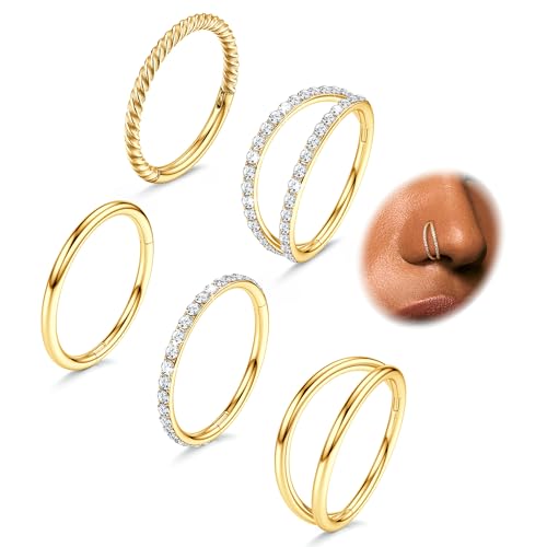 CASSIECA 5Pcs 18G 16G Surgical Steel Nose Rings Hoop for Women CZ Clicker Hinged Septum Ring Lip Helix Cartilage Double Hoop Earring Daith Rook Conch Body Piercing Jewelry for Women 8mm 10mm - style: Gold: 16G-8mm
