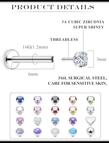 20G 18G 16G Threadless Flat Back Earrings Nose Stud 316L Surgical Steel Medusa Labret Monroe Lip Ring Tragus Forward Helix Conch Cartilage Lobe Earrings Stud Piercing Jewelry For Women Men - size: 16G-6MM Length