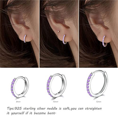 3 Pairs 925 Sterling Silver Small Hoop Earrings for Women Men | Cubic Zirconia, 14K White Gold Plated Huggie Hoop Earrings, Hypoallergenic - style: P-purple cz 8/10/12mm