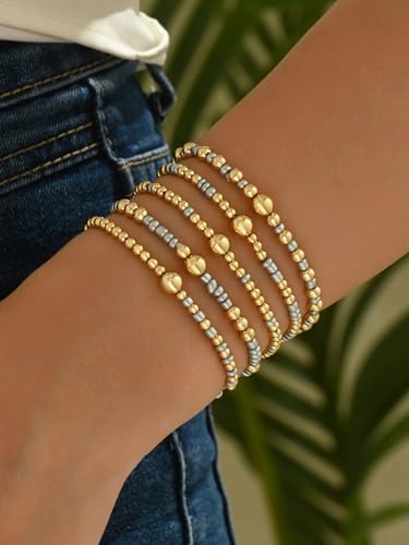 LOTSOF Bohemia Multilayer Beaded Bracelet Set, Turquoise Resin Colorful Surfer Heishi Style Elastic Spring Clasp Friendship Elastic Wristbands Summer Beach Boho Vacation Jewelry - color: Grey