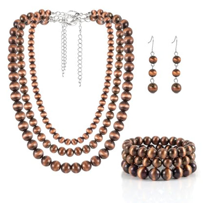 KOSMOS-LI Western Style Multi Layer Necklaces Bracelet Earrings Faux Pearl Cowgirl Beaded Women Jewelry Sets - color: bronze21080