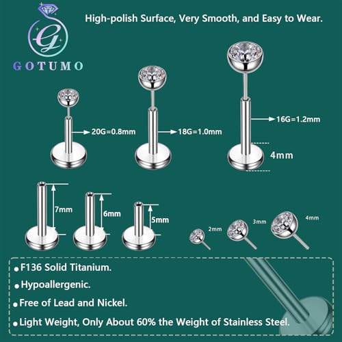 Gotumo 16G 18G 20G Flat Back Earrings Stud Titanium Threadless Nose Rings Tragus Labret Cartilage Lip Medusa Conch Body Piercing Jewelry Hypoallergenic for Women Men - color: Silver, size: 18G Bar 5/6/7mm & CZ 2/3/4mm