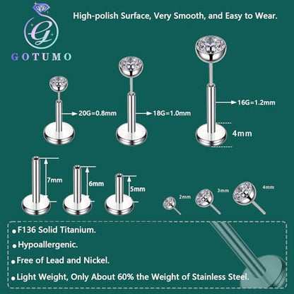 Gotumo 16G 18G 20G Flat Back Earrings Stud Titanium Threadless Nose Rings Tragus Labret Cartilage Lip Medusa Conch Body Piercing Jewelry Hypoallergenic for Women Men - color: Silver, size: 16G Bar Lengths 7mm & CZ 2mm