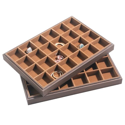 Wood Jewelry Organizer Tray, Earrings Holder (Brown, 2Pc, 24 Grids) | Stackable Earrings Organizer, Earrings Display Tray, 24 Grids Ring Holder, Space-Saving Storage - size: 24Grids+24Grids