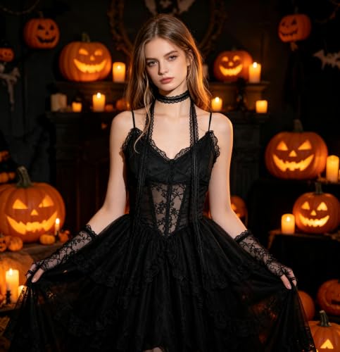 Lace Choker Necklace for Women Gothic Pearl Pendant Necklace Halloween Cosplay Jewelry - color: Long Black