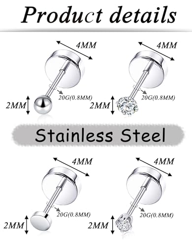 Tornito 24 Pairs Tiny Stud Earrings Stainless Steel Cubic Zirconia Ball Dot Small Cartilage Stud Earrings Set For Women Men Comfy Screw Flat Back For Multiple Piercing 2MM 20G