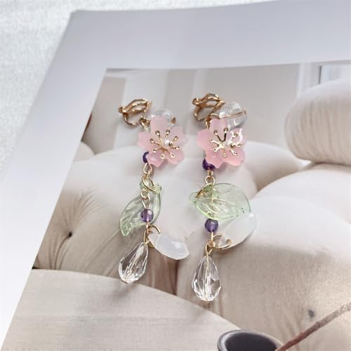 Clip on Pink Flower Pearl Leaf Long Fake Dangle Drop Earrings for Women Non Pierced Ear Dainty Cute Gold Plated Sakura Flower Statement Tassel Dangling Earrings Hypoallergenic Lightweight Fashion Trendy Jewelry