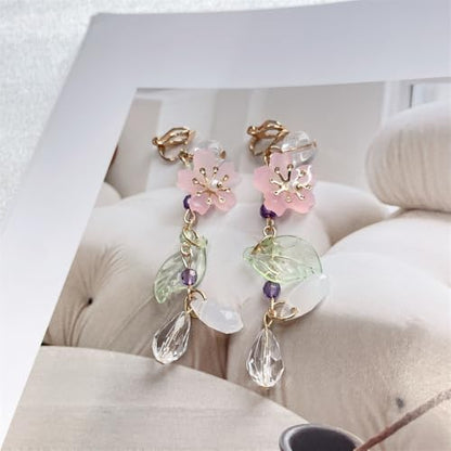 Clip on Pink Flower Pearl Leaf Long Fake Dangle Drop Earrings for Women Non Pierced Ear Dainty Cute Gold Plated Sakura Flower Statement Tassel Dangling Earrings Hypoallergenic Lightweight Fashion Trendy Jewelry