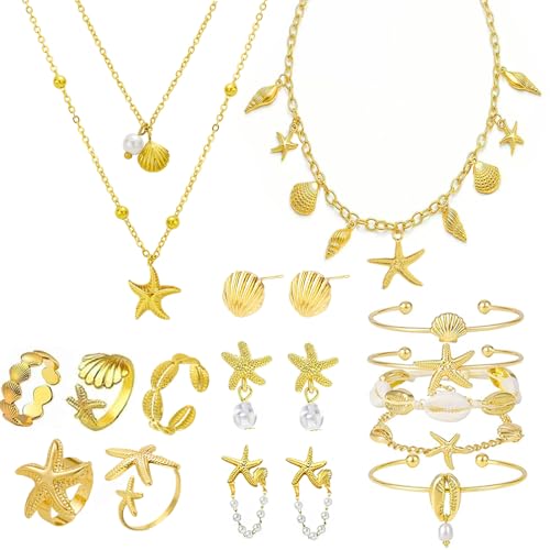 Seashell Starfish Jewelry Set for Women Ocean Vacation Accessories Layered Charm Necklace Bracelets Earrings Rings Anklet Summer Beach Jewelry Gifts - style: Style:Gold Ocean B